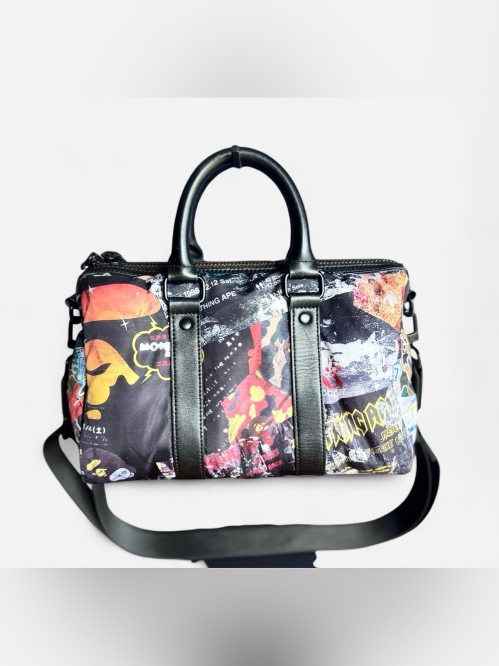 Men's Black Graphic Patchwork Duffel Bag with Leather Handles